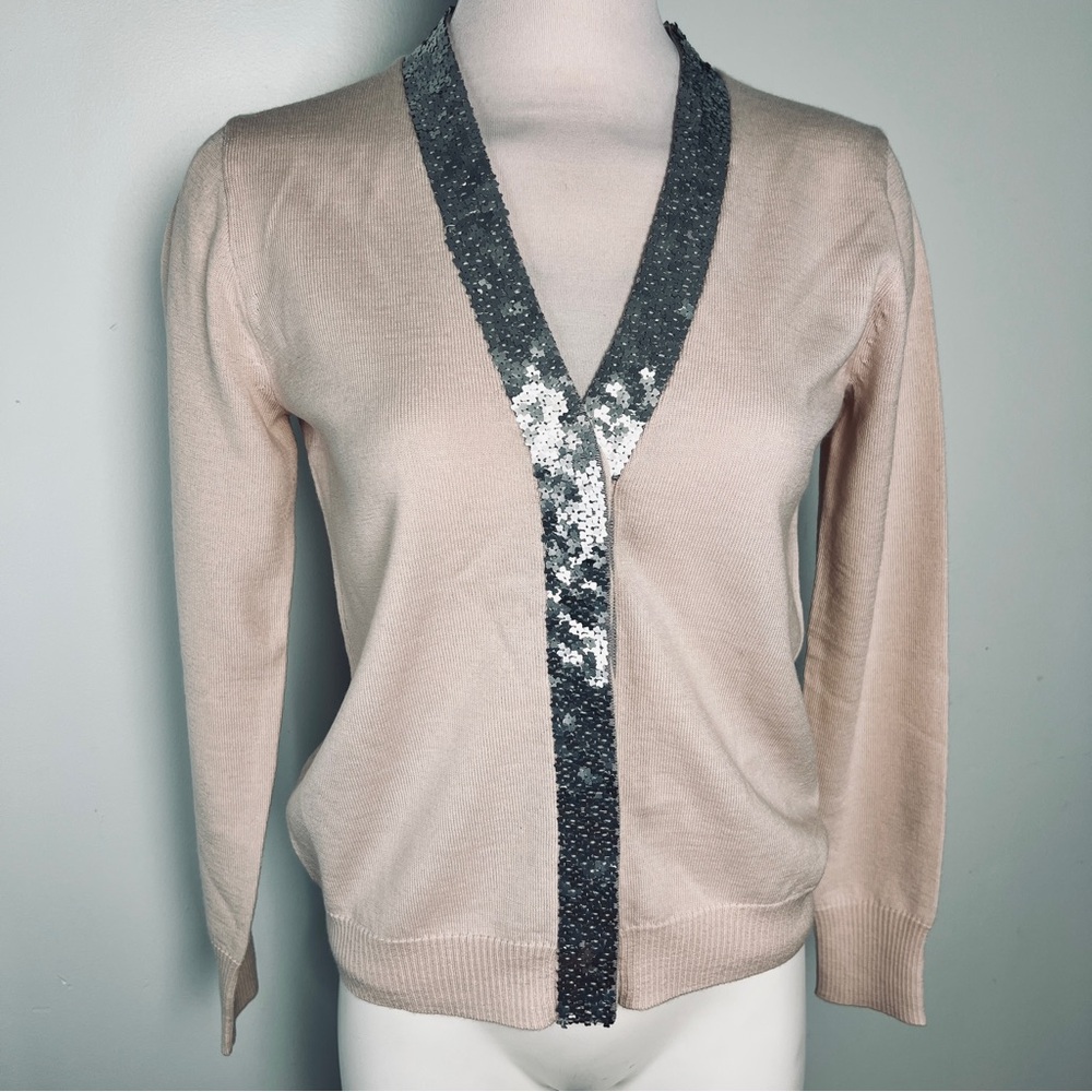 J. Crew 100% Merino Wool V-Neck Cardigan w/ Sequin Trim - Blush Pink, Taupe